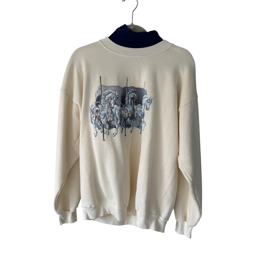VTG Active Wear Made in the USA Cream Faux Turtleneck Carousel Sweatshirt XL